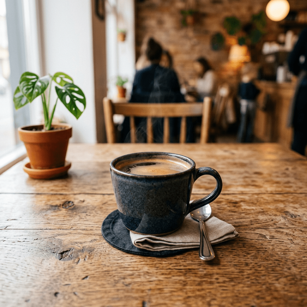 A dark ceramic cup filled with steaming coffee on a wooden table with a small spoon and napkin
